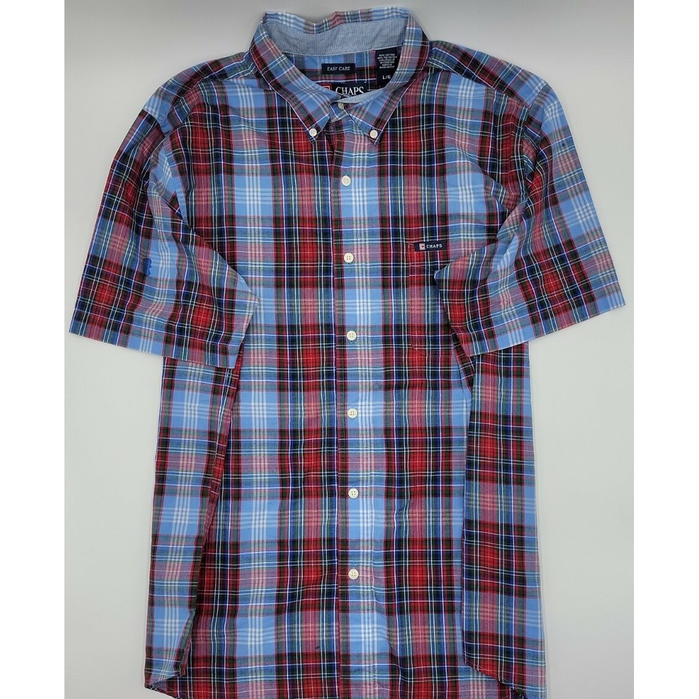 Chaps‎ Short Sleeve Button-up Men's Large Red Blue Plaid Dress Shirt #C184